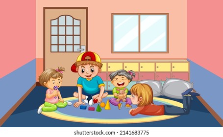 Happy children playing toy in kid room illustration