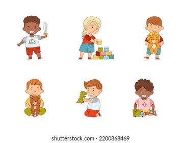 Happy Children Playing Toy in the Nursery Vector Illustration Set