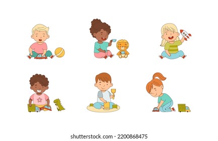 Happy Children Playing Toy in the Nursery Vector Illustration Set