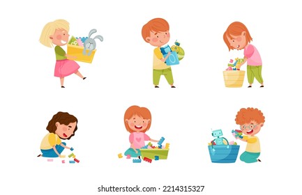Happy Children Playing Toy in the Nursery Vector Illustration Set