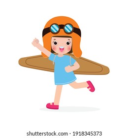 Happy Children Playing toy plane cardboard, Little cute kid in an astronaut costume, Portrait of funny child on a white background isolated vector illustration