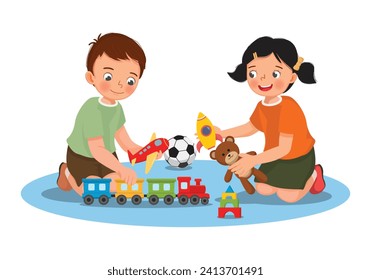 Happy children playing toys on the floor together