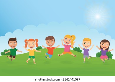 Happy children playing vector image. Multicultural children in different positions play outside in the meadow.