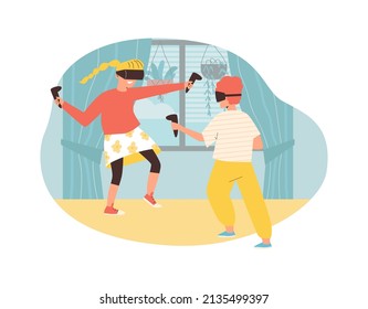 Happy children playing VR game in glasses, flat vector illustration isolated on white background. Siblings having fun together during game playing. Concept of kids and modern technologies.