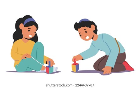Happy Children Playing With Wooden Dreidels. Little Girl and Boy Sitting On Floor Spinning Toys For Hanukkah Holiday Celebration Isolated on White Background. Cartoon Vector Illustration
