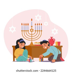 Happy Children Playing with Wooden Dreidels For Hanukkah Holiday Celebration. Little Sister and Brother Sit on Floor Spinning Toys at Home Interior with Burning Menorah. Cartoon Vector Illustration