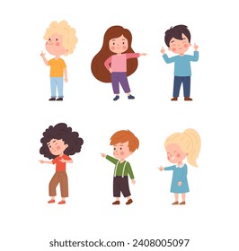 Happy children point finger in various directions. Kids showing hand gesture with their index fingers. Isolated flat vector illustrations set.