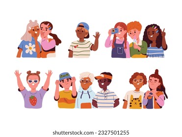 Happy children portraits set. Young little smiling characters with friends and classmate have fun. Kids siblings, boys and girls concept. Cartoon flat vector collection isolated on white background
