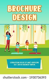 Happy children practicing yoga in class with teacher, standing on mat in tree pose and smiling. Vector illustration for kids in fitness club, activity, active lifestyle concept