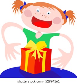 Happy Children is preparing to open a gift box, vector