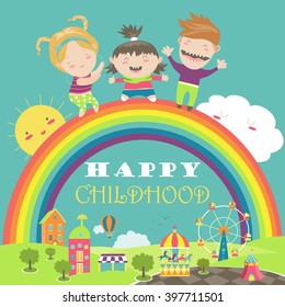 Happy children with rainbow and carousel