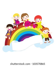 happy children with rainbow, clouds and banner background