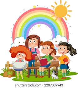 Happy children with rainbow illustration