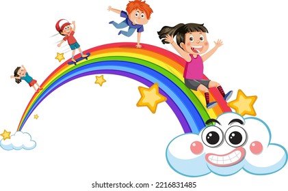 Happy children with rainbow illustration