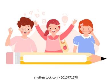 Niños felices levantando manos para responder. Estudiantes sonriendo en clase con lápiz, espacio en blanco para texto. Enseñanza en casa, aprendizaje y concepto educativo. De vuelta a la escuela. Ilustración vectorial plana.