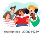 Happy children read book standing around female classmate with encyclopedia and are surprised to learn new facts. Curious children with book in hands encourage visiting library in non-primary school