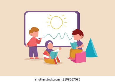 Happy Children Read Book And Study Together. Learning Together Concept. Colored Flat Graphic Vector Illustration Isolated.