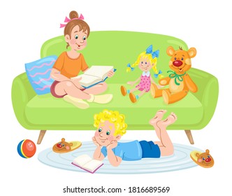 Happy children read books with a doll and a teddy bear. In a cartoon style. Isolated on white background. Vector flat illustration.