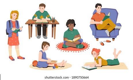 Happy children read books set. Vector girl reading book while sitting on carpet. Boy doing homework at table, pupil with rucksack. Afro american schoolgirl, hobby leisure time, flat cartoon characters