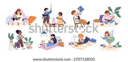 Happy children read books set. Cute kids enjoy fairytales, stories, tales and novels. Boys and girls with fiction and educational literature. Flat isolated vector illustrations on white background