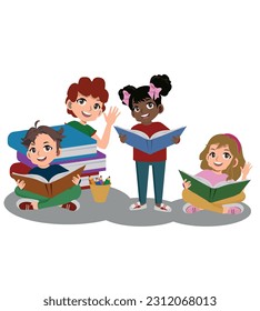 Niños felices leen libros y estudian juntos.