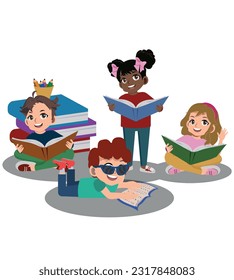 Happy children read books and study together.