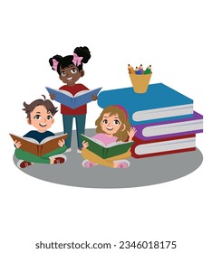 Happy children read books and study together.