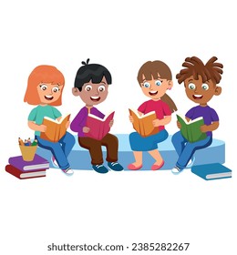 Happy children read books and study together