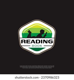 Happy children reading book badge logo vector design inspiration
