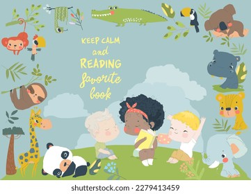 Happy Children reading Book with Cartoon Animal