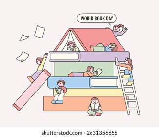 Happy children reading books and playing on a giant stack of colorful books to celebrate World Book Day.