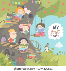 Happy children reading books in the treehouse