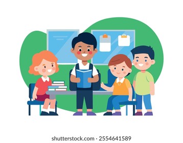 Happy Children Reading Together in Classroom - Educational Illustration	