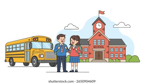 Happy children ready for school with yellow bus and building on a sunny day