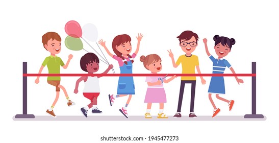 Happy children at red ribbon cutting ceremony. Kids at grand festive ceremonial opening of family entertainment center, school, kindergarten or amusement park. Vector flat style cartoon illustration