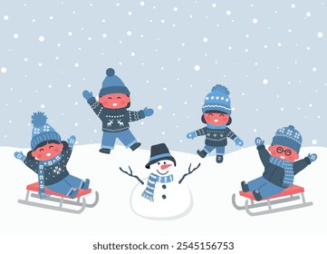 Happy Children Rejoice in Coming of Winter. Children in Winter Clothes Dancing, Sledding. Kids Have Fun Outside. Happy Baby Girls, Baby Boys. Greeting Card Template. Vector Illustration in Blue, White