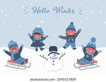 Crianças felizes alegrem-se em Coming of Winter. Crianças dançando roupas de inverno, dormindo. As Crianças Se Divertem Lá Fora. Garotas do bebê felizes Meninos do bebê. Modelo de Cartão de Saudação. Ilustração vetorial em azul, branco.