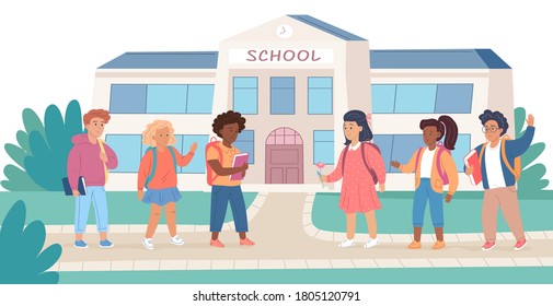 Happy children return to school to study cartoon illustration 