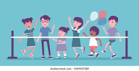 Happy children at ribbon cutting ceremony. Kids at grand festive ceremonial opening of family entertainment center, school, kindergarten or amusement park. Vector creative stylized illustration
