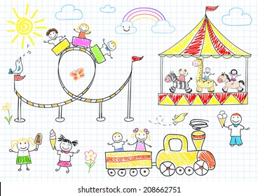 Happy Children Ride On The Carousel. Sketch On Notebook Page