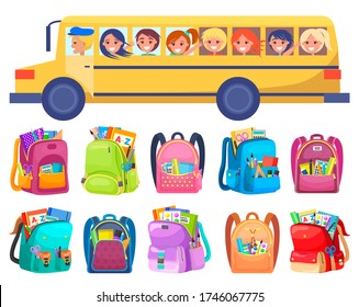 Happy children ride on schoolbus. Boys and girls going to or from school. Under bus on picture are schoolbags with stationery like copybooks vector illustration. Back to school concept. Flat cartoon