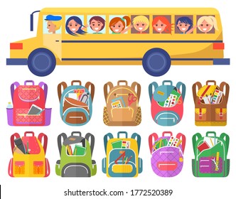 Happy children ride on schoolbus. Boys and girls going to or from school. Under bus on picture are schoolbags with stationery like copybooks vector illustration. Back to school concept. Flat cartoon