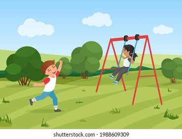Happy children ride swing, preschool kids play in summer park together vector illustration. Cartoon funny little girl boy child characters playing fun game in playground, active exercise background