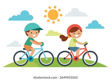 Happy children riding bicycles outdoors on a sunny day, cheerful cartoon style illustration.
