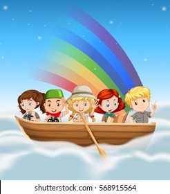 Happy children riding in boat over the rainbow illustration