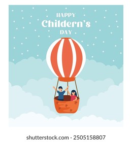 Niños felices montando en globos aerostáticos. Feliz día de los niños. Ilustración vectorial plana.