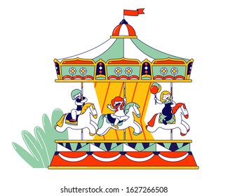 Happy Children Riding Merry-go-round Carousel in Amusement Entertainment Park. Weekend Recreation for Kids, Spare Time on Vacation or Holidays, Leisure. Cartoon Flat Vector Illustration, Line Art
