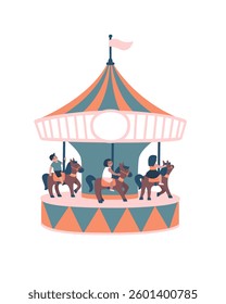 Happy children riding on carousel with horses. Carousel with rotating mechanism on isolated background. Flat vector illustration.