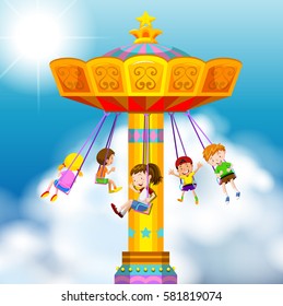 Happy children riding on giant swing illustration