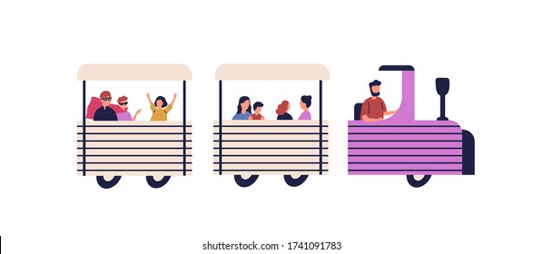 Happy Children Riding On Train Vector Flat Illustration. Colorful Kids And Parents Enjoying Track Amusement Isolated On White. Driver And Group Of People Ride On Entertainment Transport